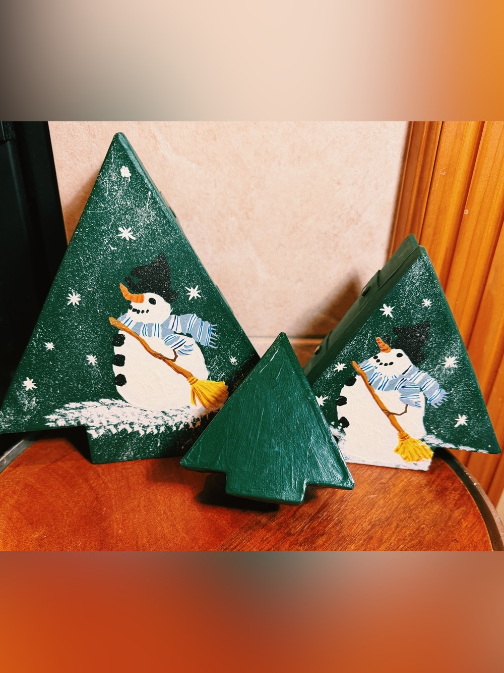 Vintage Nesting Tree Snowman Box’s Paper Mache Hand painted Broom Snowflake